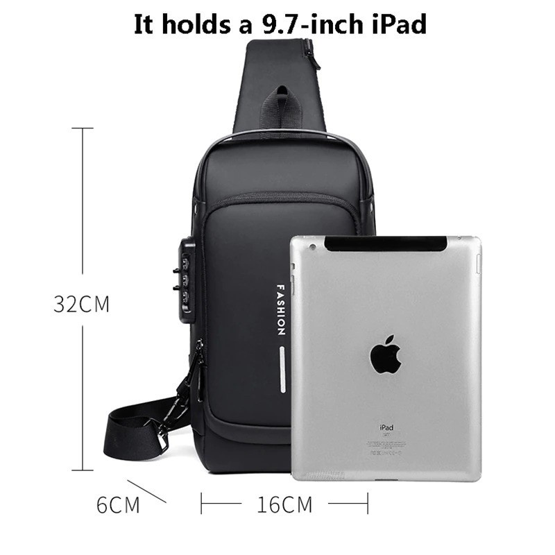 Tas Selempang Fashion Sling Bag Pria with USB Charger Slot - 6003 - Black