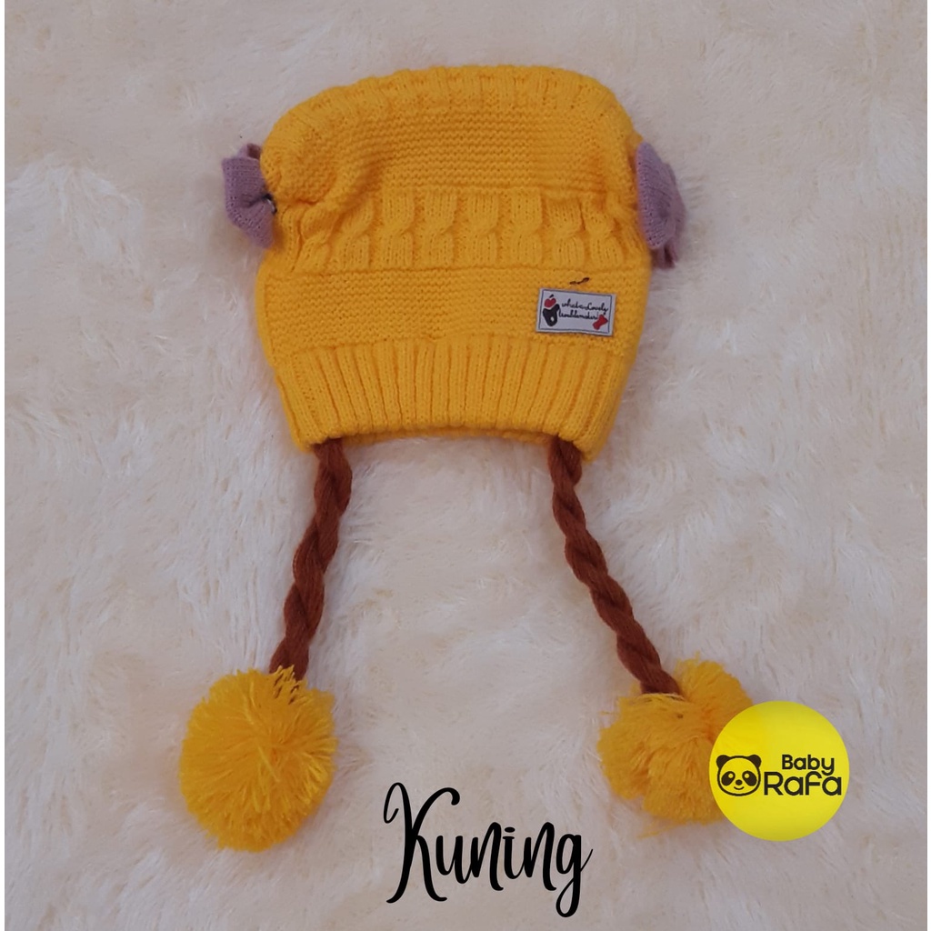 Topi Bayi Perempuan Rajut Pompom Model Kepang / Topi Rajut Premium Baby Girl model Kepang