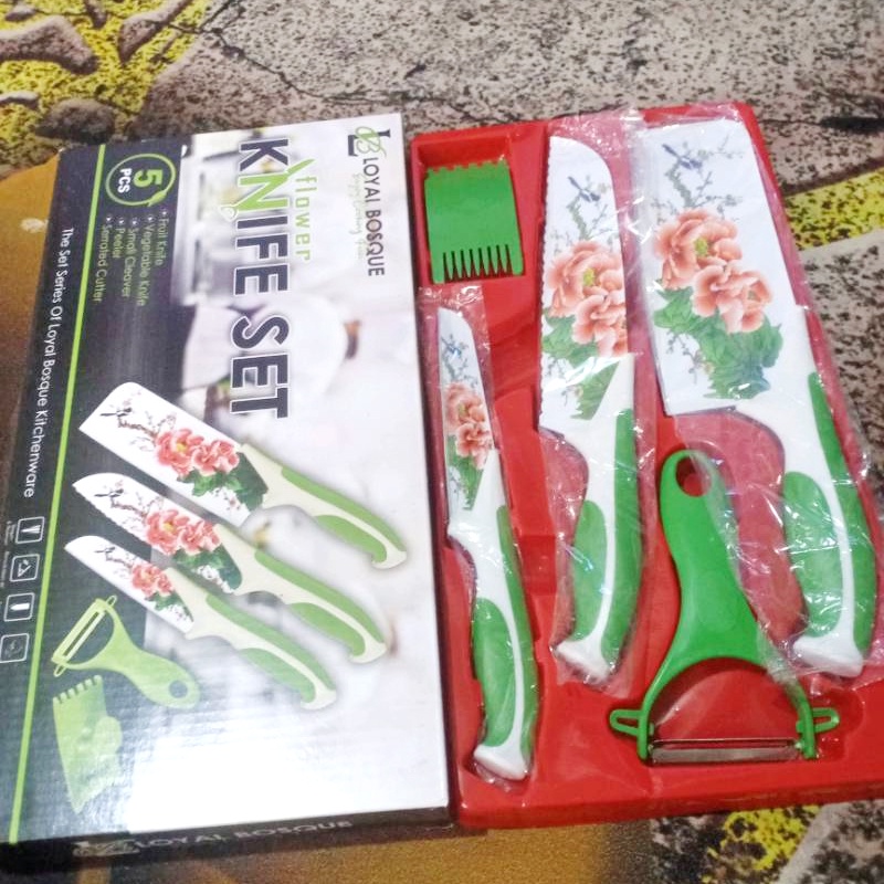 Set Pisau Dapur - 5in1 Pisau Serbaguna Motif Bunga - Pisau Jamin Tajam Best seller Pisau Anti Karat Knife set Bahan Premium