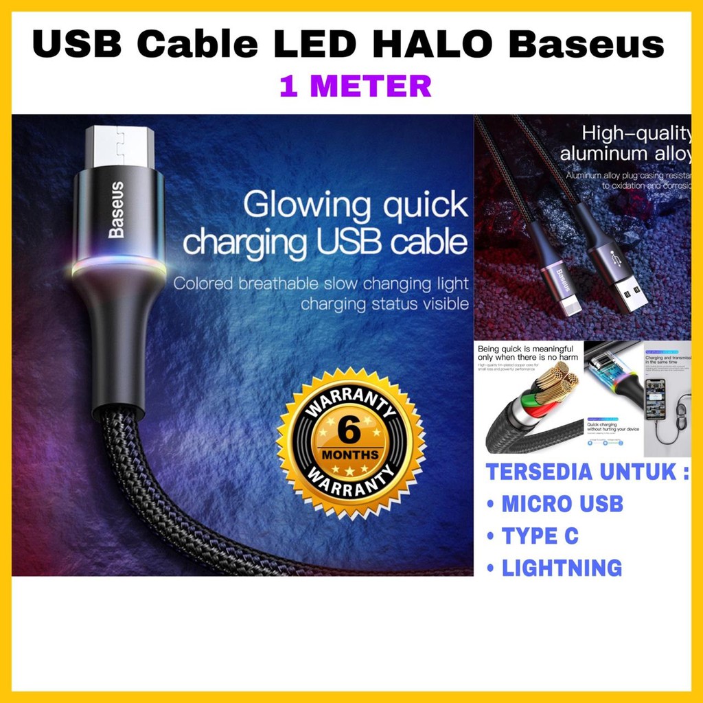 USB Cable LED HALO Baseus Micro USB/ Type C/ Lightning