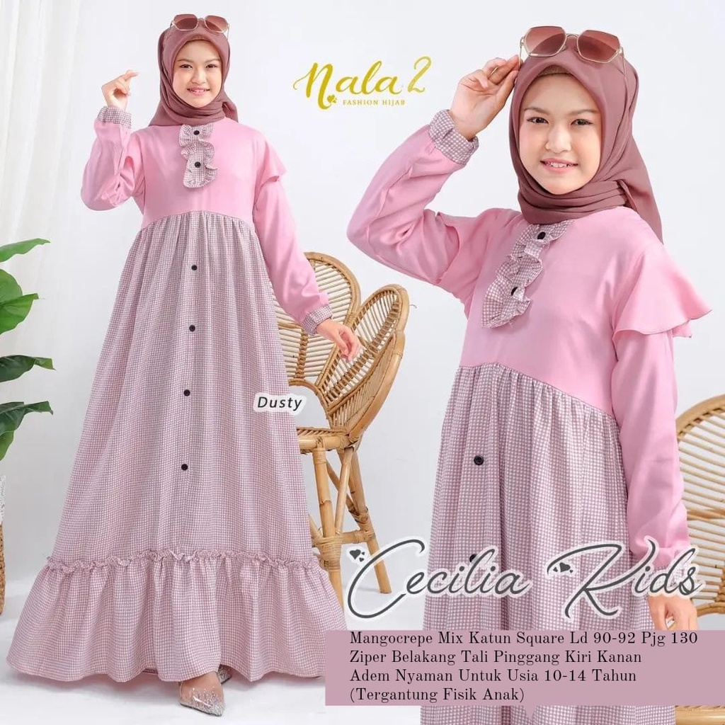 Cecilia Kids Baju Muslim Anak Perempuan Pakaian Anak Perempuan Gamis Anak Tanggung 10-14 Tahun Baju Pesta Anak Perempuan