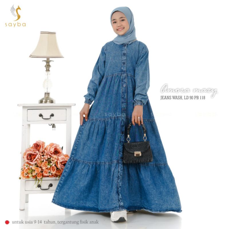Amora maxy dress gamis jeans wash premium anak perempuan remaja tanggung usia 9 sampai 13  tahun Bus