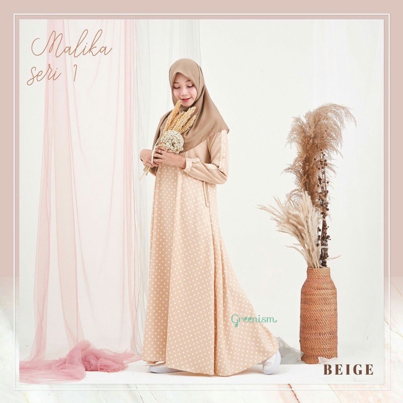 Malika Dress Gamis Polos Kombinasi Polkadot by Greenism