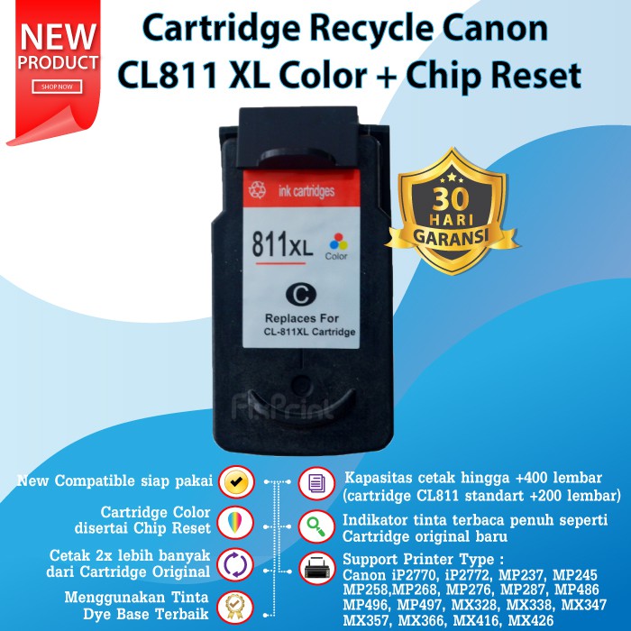 Cartridge Tinta Recycle CL811 XL CL811XL 811XL Refill Compatible Printer Canon iP2770 MP237 MP287