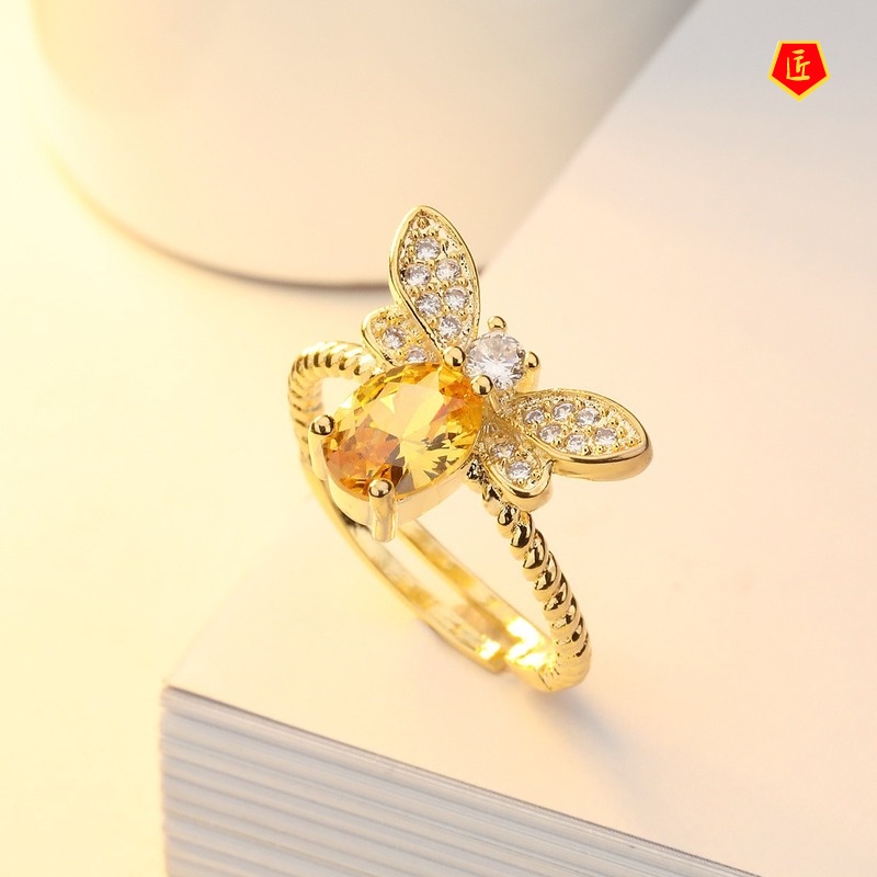 [Ready Stock]Colored Gems Citrine Little Bee Gold Ring