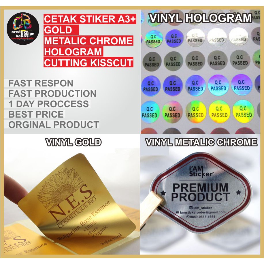 

Print Sticker Label Metallic Silver / Gold / Hologram A3+ & KISS CUT (BULAT, OVAL,KOTAK,POLA) MINIMAL ORDER 5 LEMBAR