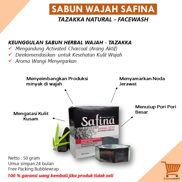 Sabun Wajah Ekstrak Arang Aktif -SAFINA - Pembersih Muka Activated Charcoal Herbal Tazakka 50gr Facial Wash Original