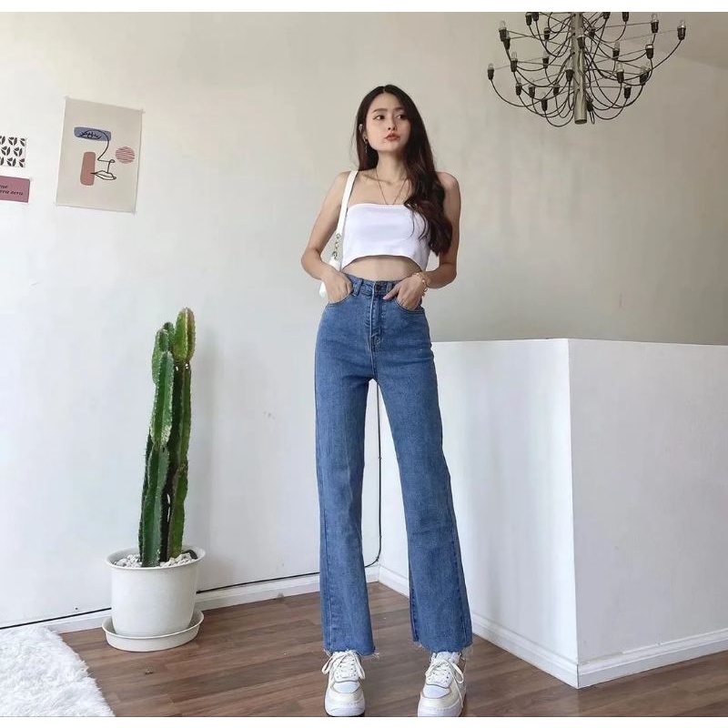 (27-34) DEEP SNOW BLUE HW UNFINISHED LOOSE JEANS / DARK SNOW BLUE HW UNFINISH LOOSE JEANS / CELANA HW LOOSE JEANS WANITA CEWEK