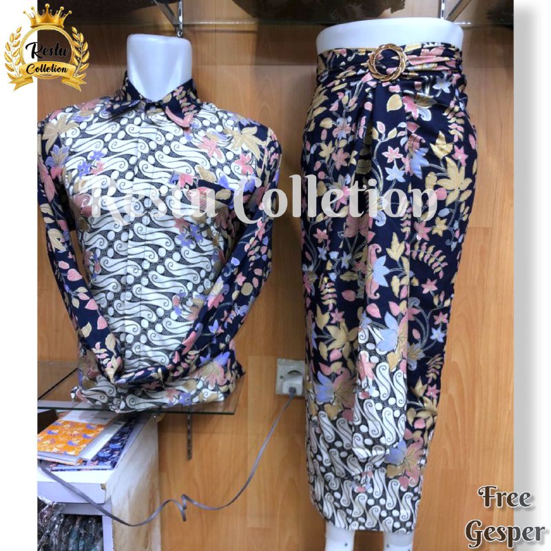 Stelan Couple Kemeja Pria Dan Rok Lilit Batik Wanita Motif Megamendung Silver Cocok Untu Acara Nikahan Kondangan Tunangan Wisuda Bahan Premium