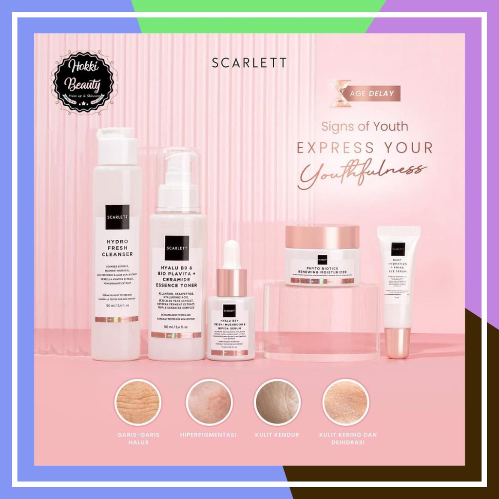 SCARLETT Whitening Age Delay Package Indonesia / Paket Anti Aging Series Skincare Penuaan Dini Face Care / Cleanser Facial Wash - TONER - SERUM - EYE CREAM -MOISTURIZER GEL