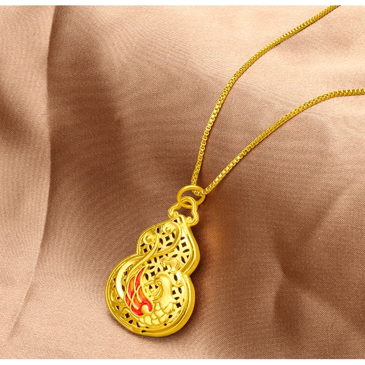 Kalung Liontin Labu Phoenix Hollow 3D Lapis Emas Asli Kadar 375 Gaya Vintage Etnik Untuk Wanita