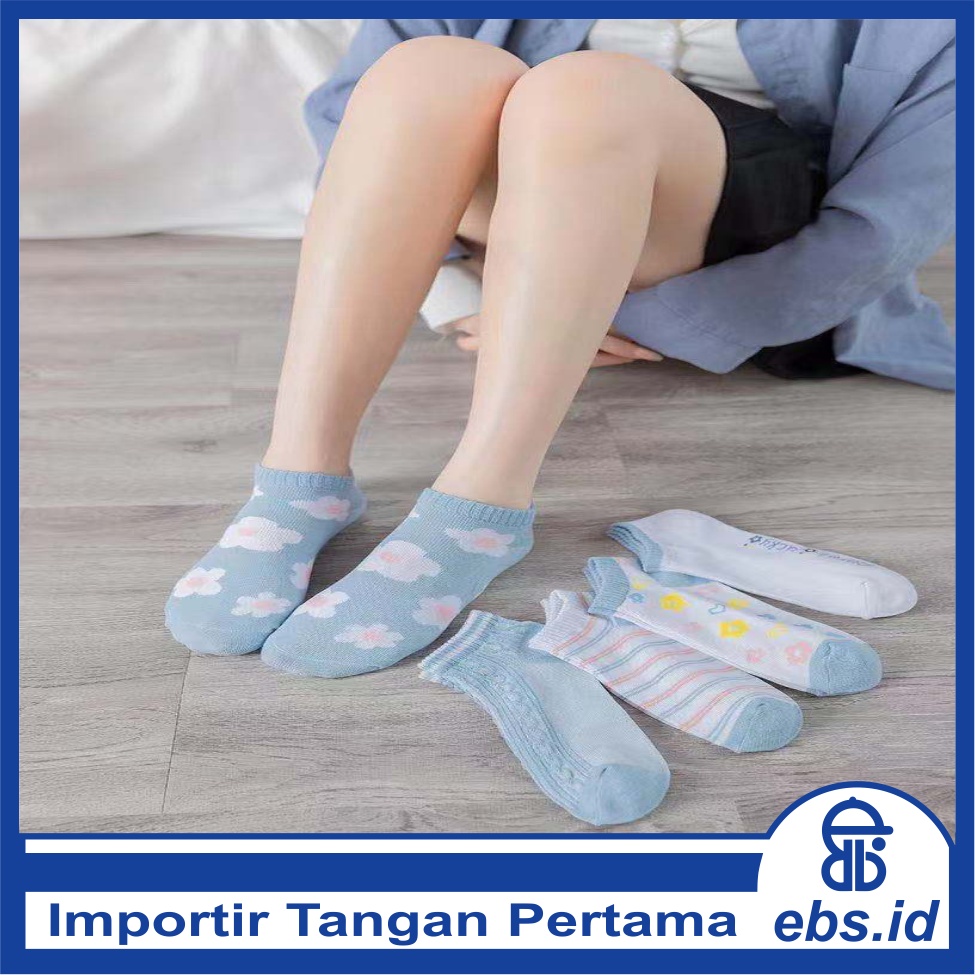 𝗘𝗕𝗦 ✅ KK020 Kaos Kaki (Tanpa Kemasan) Wanita Tipis Pendek Semata Kaki Motif Bunga Blue Garis Fashion Korea Women Sock Import Murah