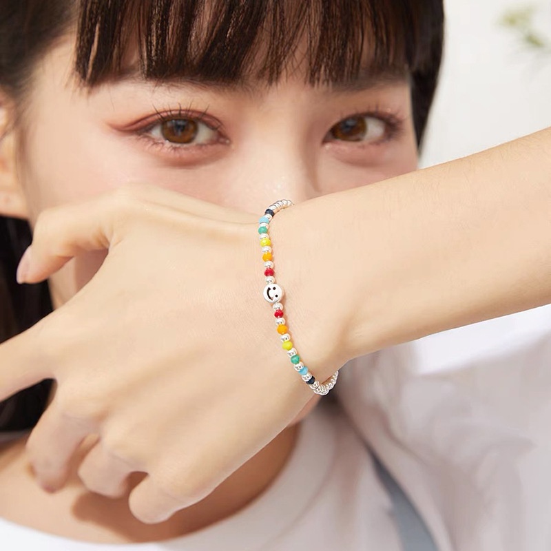 Gelang Persahabatan Desain Manik-Manik Smiley Warna Pelangi Gaya Korea Adjustable Untuk Pasangan