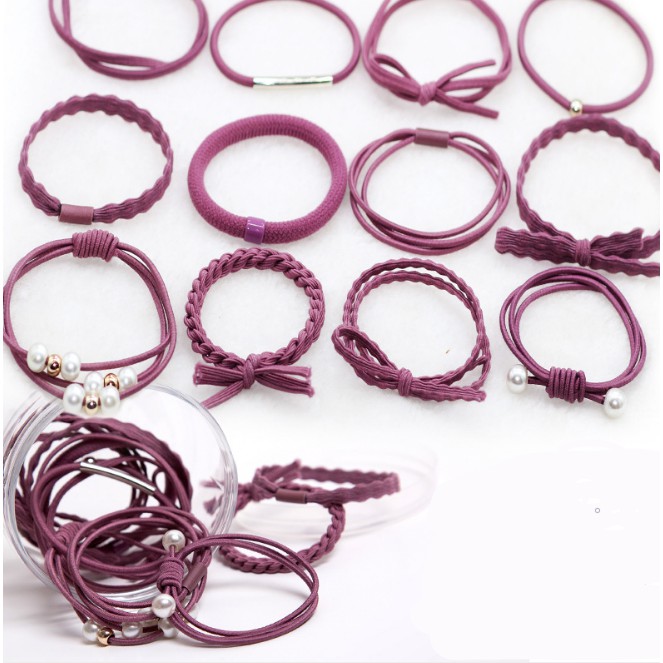 Gratis Ongkir - F519 Ikat Rambut 12 in 1 (FREE BOX) / Set Ikat Rambut Simple / Kunciran Rambut-Ungu