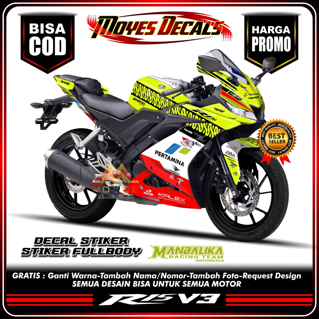 Decal Sticker Yamaha R15 V3 - Motif Mandalika Stabilo Fullbody R15 V3 Mandalika Sport Racing