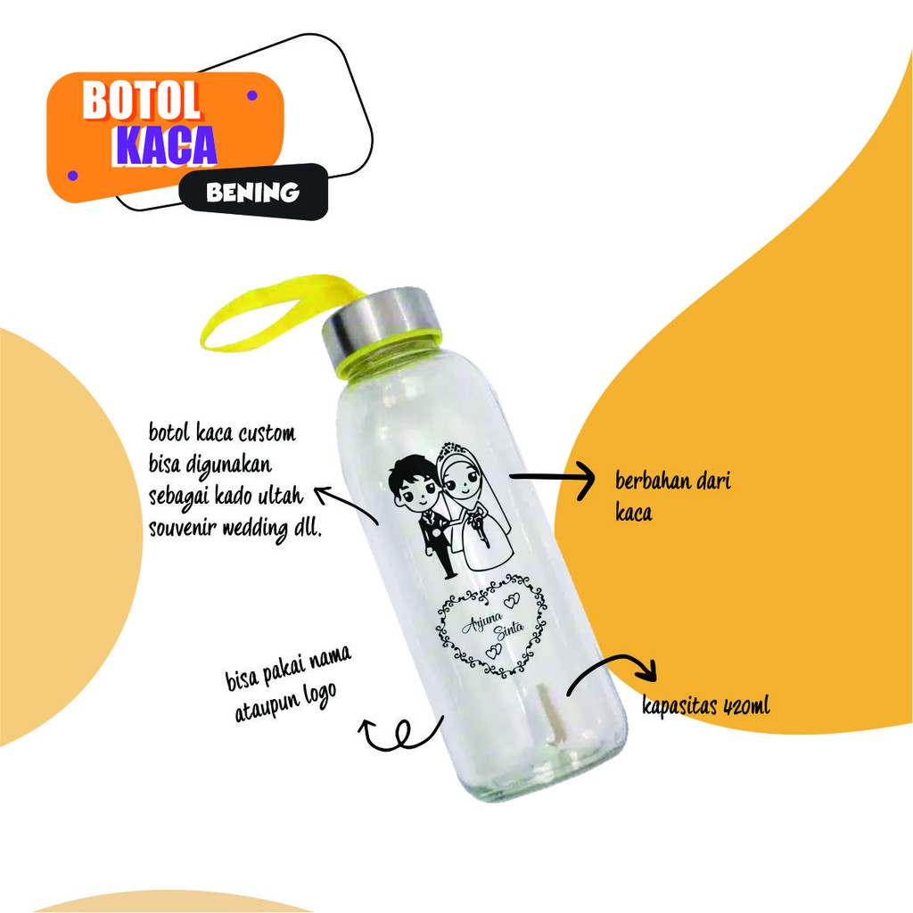 

Botol Kaca Bening 420 ml | Custom Sablon Nama, Logo, Wedding Souvenir Pernikahan