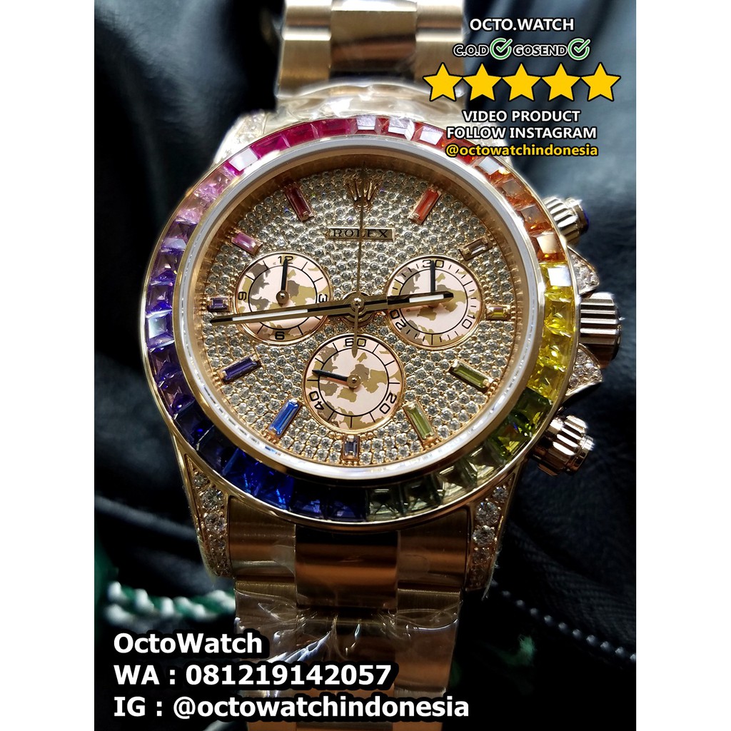 Jam Tangan Pria Rolex Daytona Rainbow Full Diamond Rose Gold