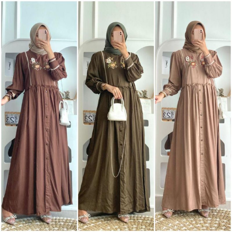 BISA COD AZKIYAHIJAB29 RIA DRESS GAMIS POLOS BORDIR GAMIS KATUN RAYON TWILL ARMANY RUFFLE BUSUI JUMB