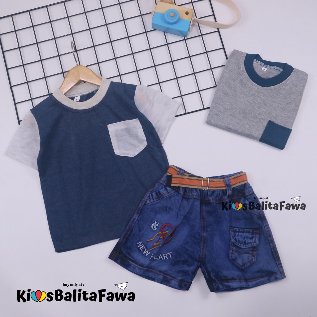 Setelan John Ethes uk 1-2 Tahun / Baju Anak Laki-Laki Lengan Pendek Celana Jeans Set Oblong Kantong