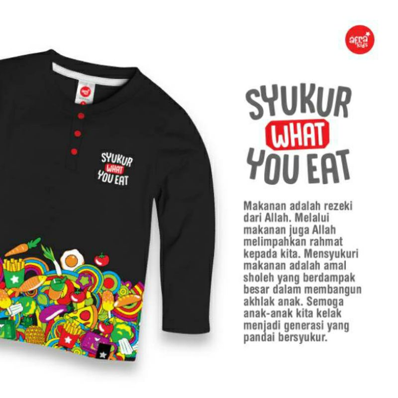 Kaos anak Afrakids Kancing Lengan Panjang AF256 Syukur What You Eat