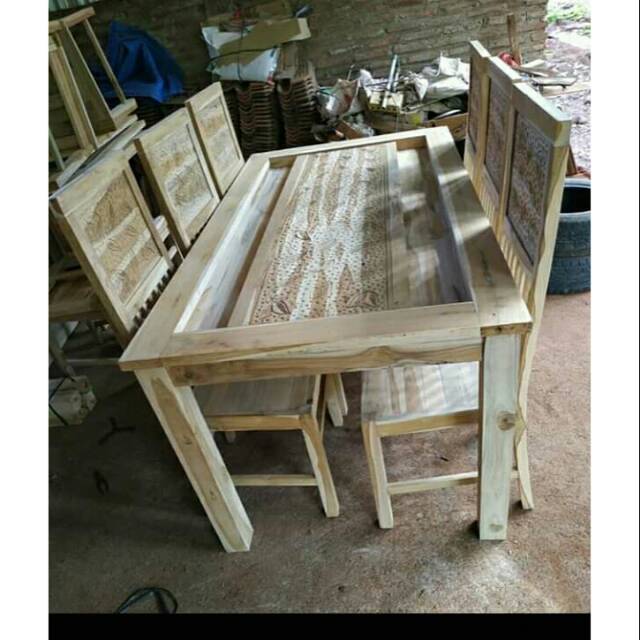 Set meja makan ukir jati mentah plus kaca