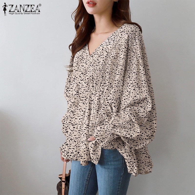 ZANZEA Women Fashion Full Sleeve V Neck Leopard Printed Casual Loose Blouse