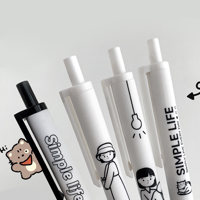 6pcs Pulpen Tinta Hitam 0.5mm Retractable Desain Karakter Kartun Simple