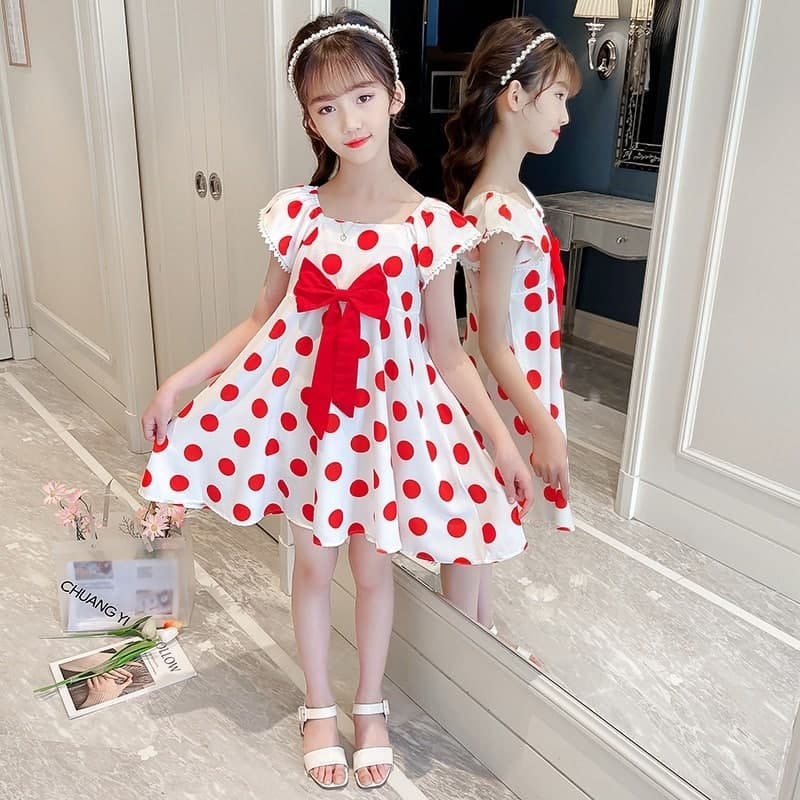 Promo !! Dress anak cewek simple/ dress anak/ dress sale zig zag ribbon polka import uk 3-7th (orange,hitam)