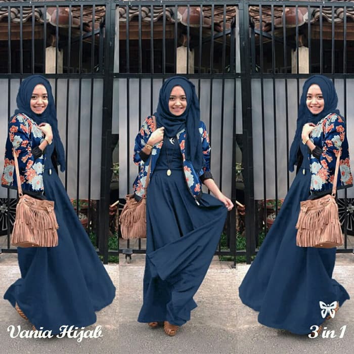 Vania Flower Navy Busana Muslim Wanita Baju Muslim Modern