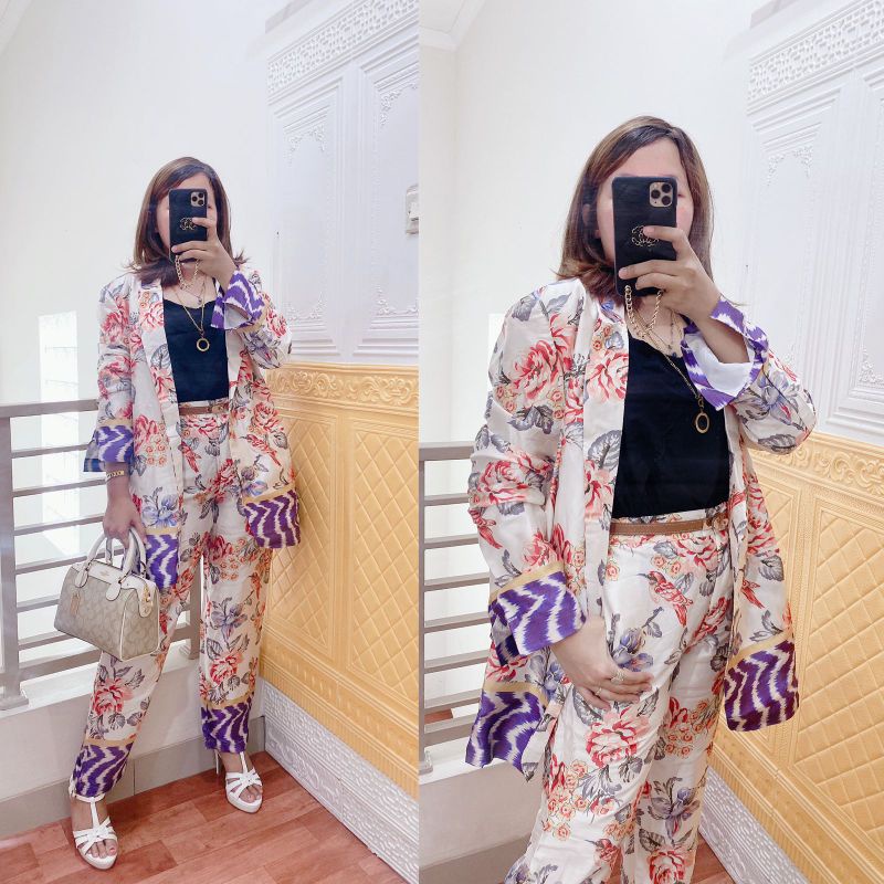 SET BLAZER ZARA** BUNGA GARIS UNGU