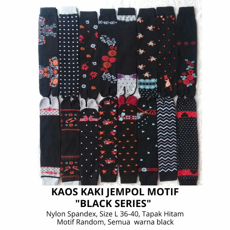 Kaos Kaki Jempol Motif Black Series Wanita Muslimah/Akhwat (Nylon Spandex Size L Tapak Hitam Murah)
