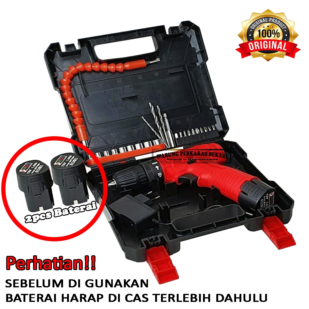 HDT Cordless Drill Mesin Bor Bolak Balik 10mm Battery 12V  Set Box 2 Pcs Baterai Dan ACC