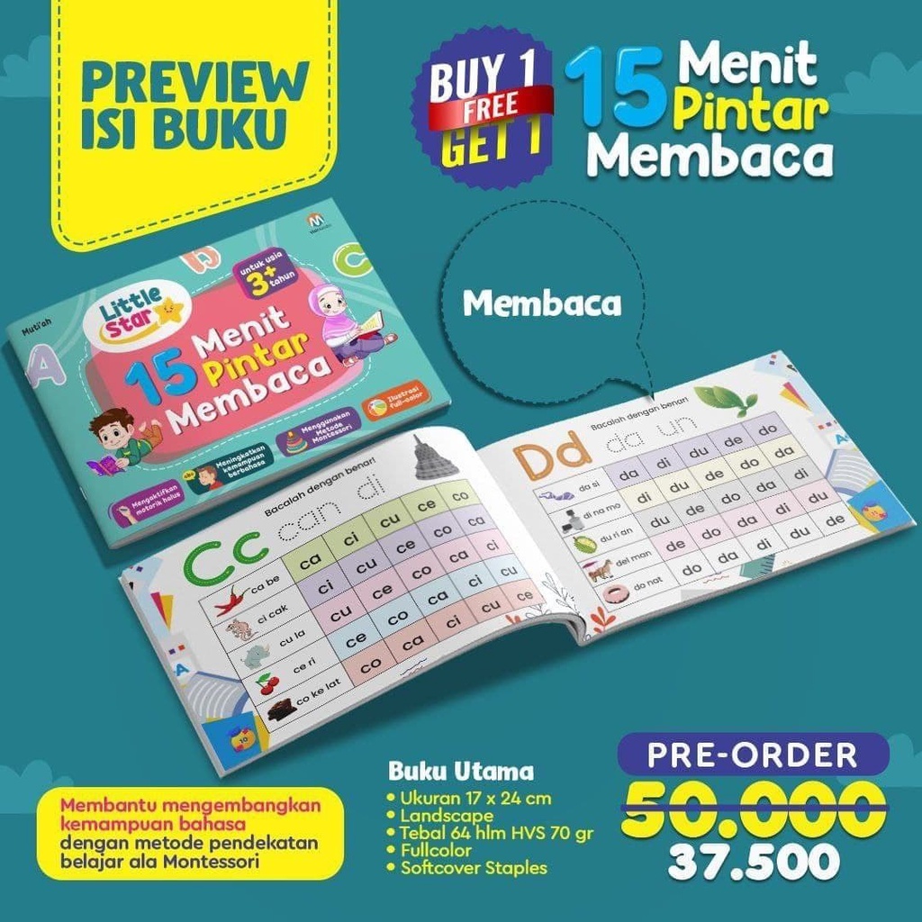 Buku 15 Menit Pintar Membaca [Little Star] - Bonus Buku Menulis dan Berhitung - Original Full Color