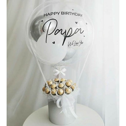 

Buket Balon Udara isi Coklat dengan Stiker Ucapan Custom Text Tulisan bisa tambah Lampu LED - Hot Air Balloon Bouquet Chocolate Hampers - Ready Makassar