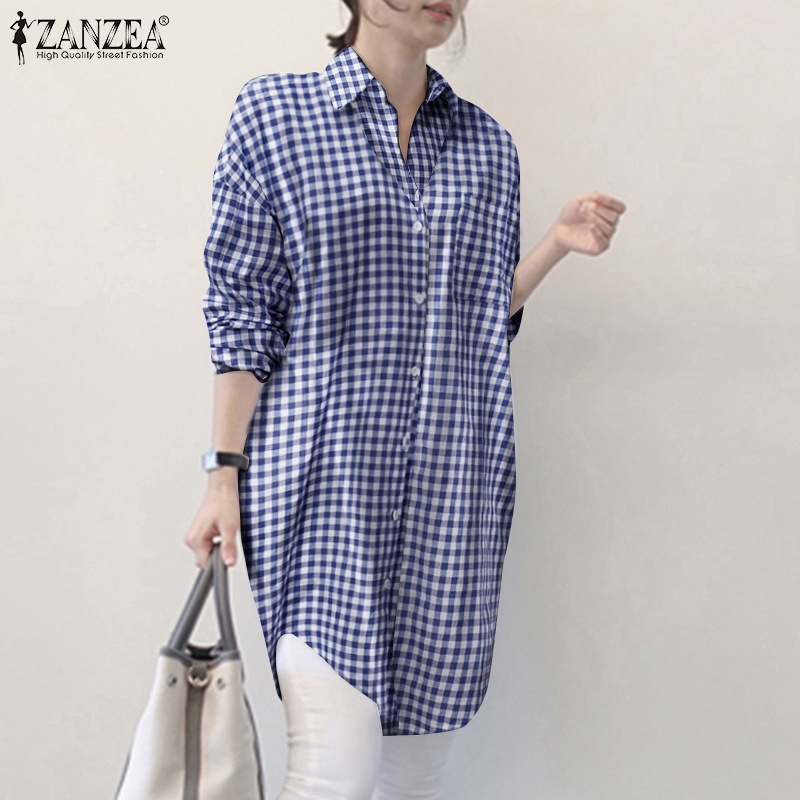 ZANZEA Women Casual Fashion Full Sleeve Turn-Down-Collar Plaid Color Print Long Blouse