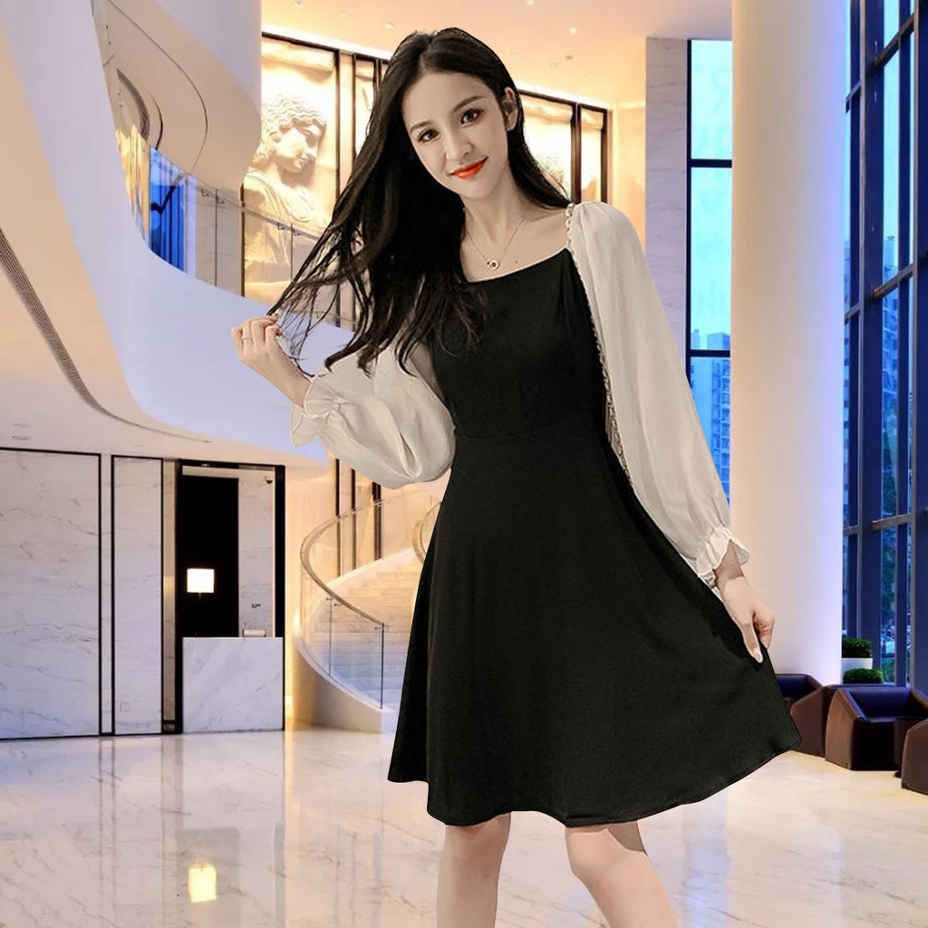 Baju Dress Gaun Korea Mini Midi Pendek Polyester Krem Hitam Polos Lengan Panjang Pesta Wanita Dewasa