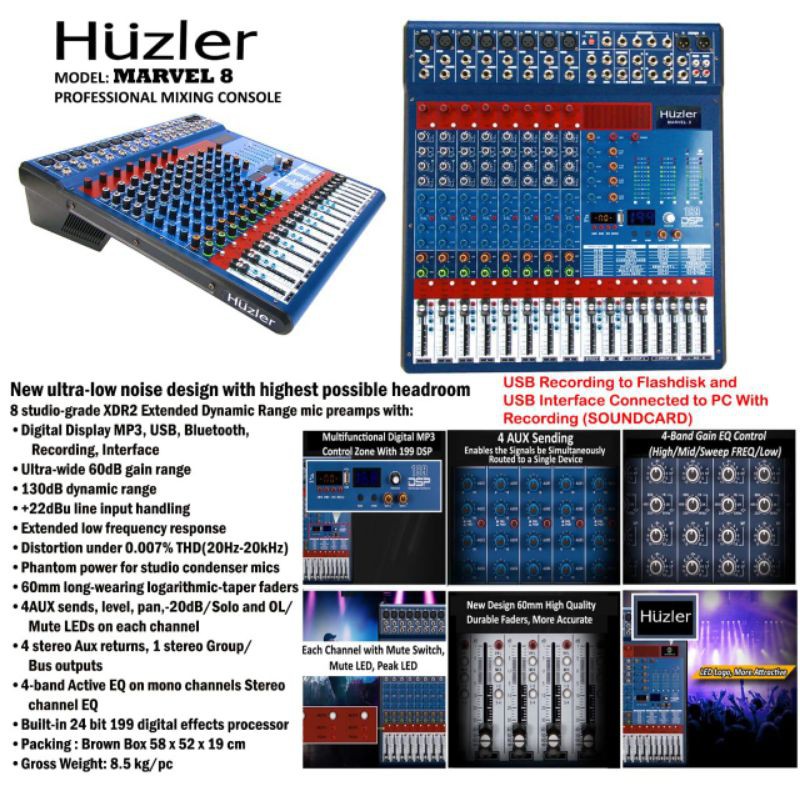 Mixer Huzler Marvel 8 Mixer 8 channel original 4 sub Grup mp3 player