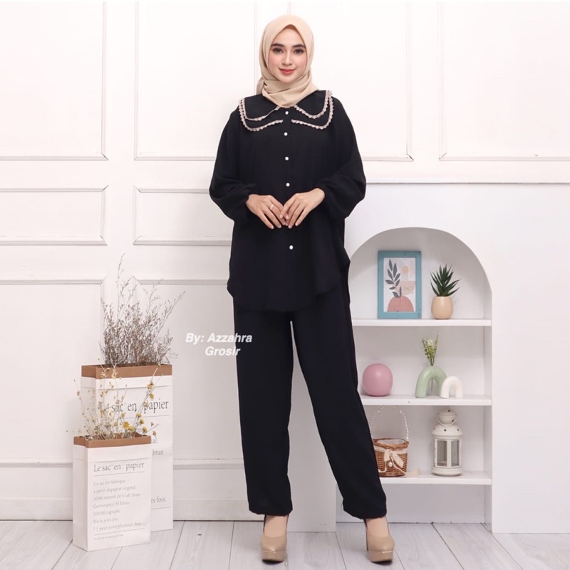 Akila Set  Ld116 - SetCel Crinkle Jumbo Bigsize Oversize Setelan Wanita One Set Crinkle Kerah Ganda / 373-6946