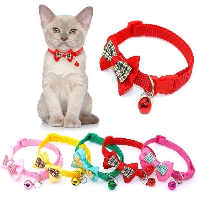 Kalung Kucing & Anjing Pita + Lonceng | Bowknot Cat Collar with Bells Necklace Buckle Adjustable Small Dog Puppy Kitten Collars Pet Accessories | kalung kucing dengan pita dan lonceng besar