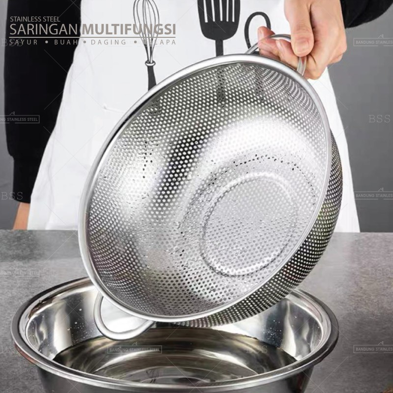 Saringan Multifungsi 28.5cm 31.5cm Cuci Sayur Daging Buah Kelapa Stainless Tebal Murah