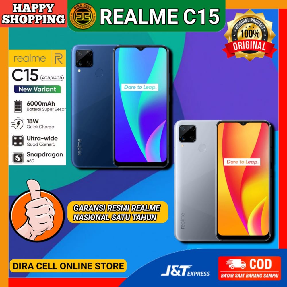 Handphone hanphone hp realme c15 ram 4 rom 64 gb hape baru garansi resmi realme 1 tahun nasional