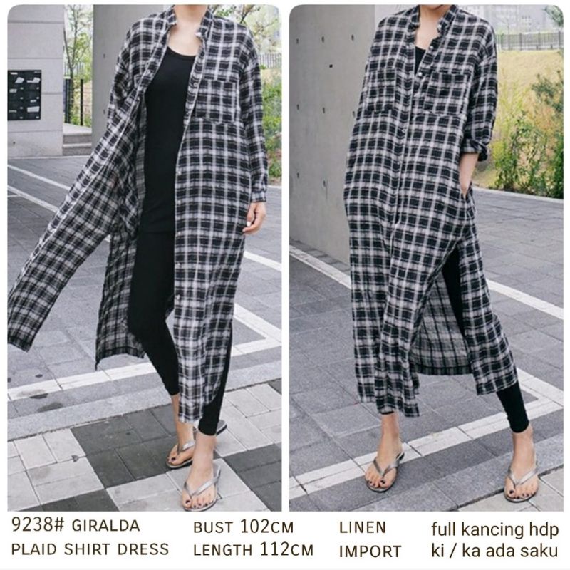 9238 Fashion Baju Maxi  shirt dress kemeja lengan panjang kotak hitam putih Import wanita terbaru Pa