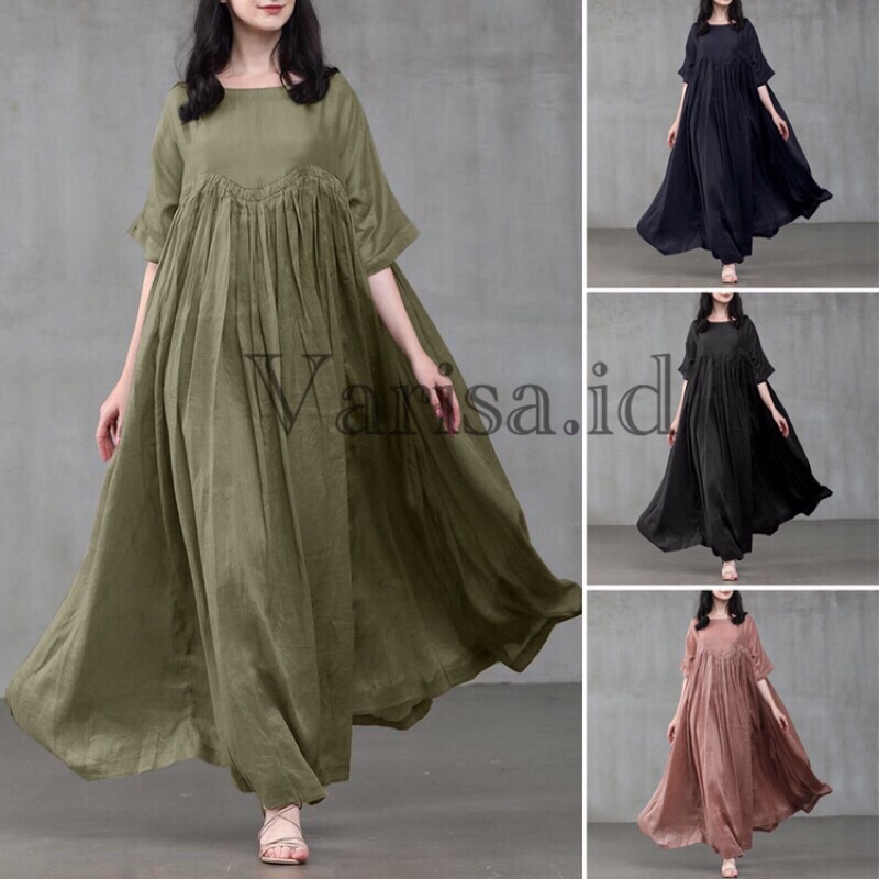 varisa ZANZEA Dun Dress Maxi Wanita kasual Lengan Pendek