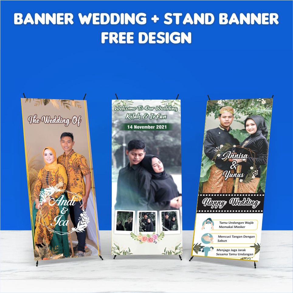 BANNER WEDDING / SPANDUK BANNER + TIANG / STAND BANNER ACARA WEDDING / PERNIKAHAN ENGAGEMENT KHITAN 
