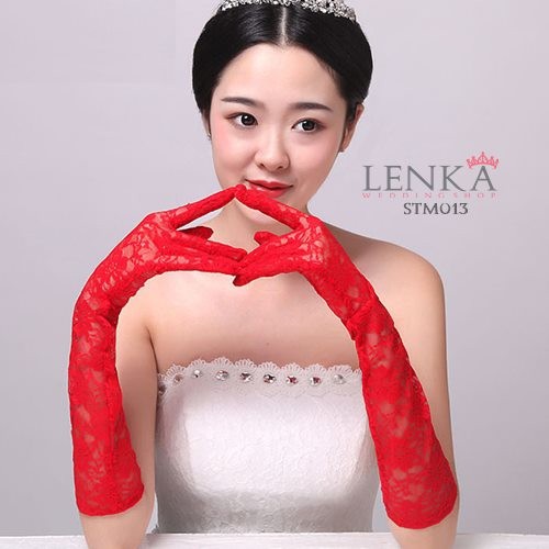 [PRODUK FAVORIT] RED GLOVES SARUNG TANGAN MERAH PANJANG BROKAT BRIDAL WEDDING STM013