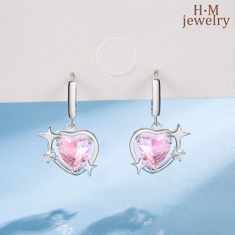 Anting Tusuk Bentuk Hati Aksen Berlian Imitasi Warna Pink Untuk Wanita