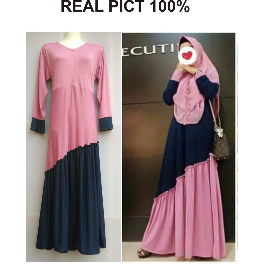 gamis bahan jersey rempel miring kombinasi