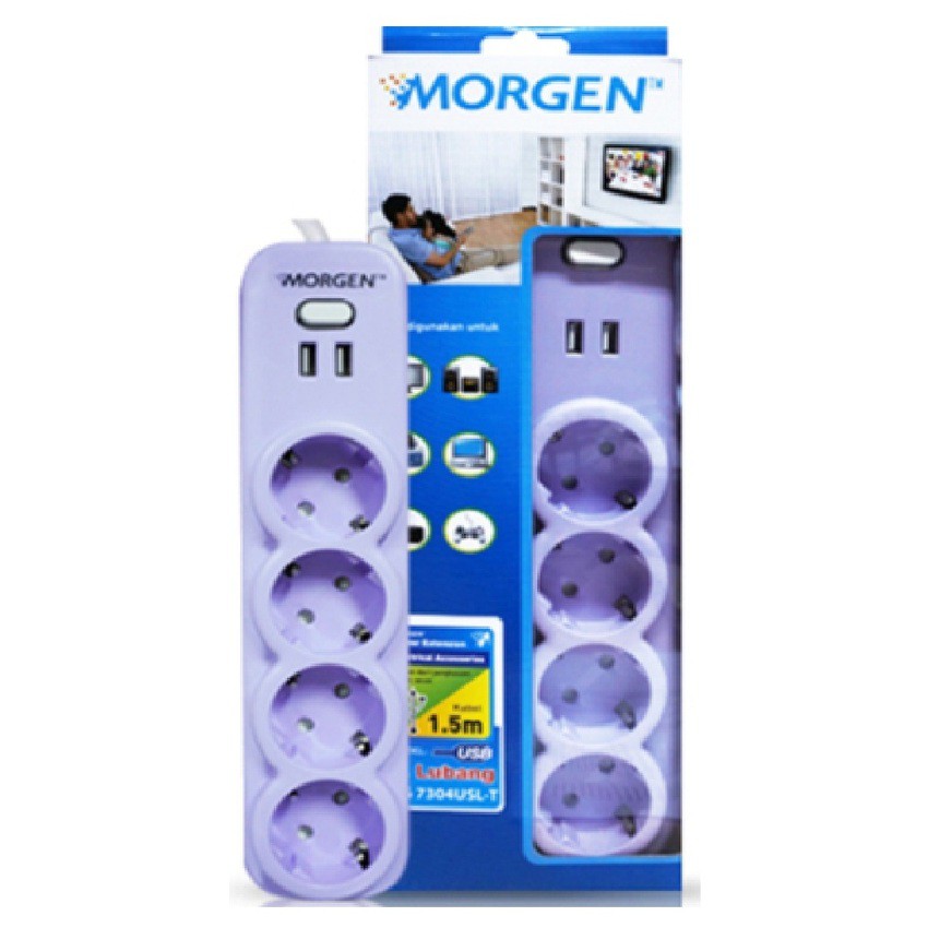 MG7304USL-T Morgen Stop Kontak 4 Lubang + Saklar + kabel 1,5 m + 2  PORT USB