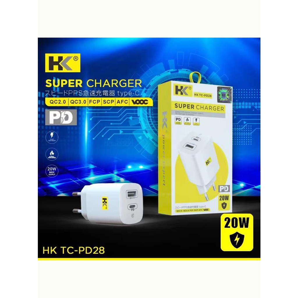 Adaptor Charger Cas HK PD28 USB &amp; Type C PD Batok Fast Charging Quick Charger 20W