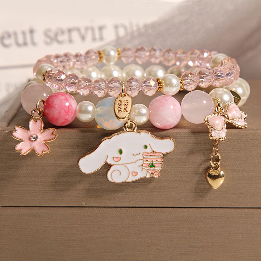 2pcs Gelang Manik-Manik Kristal Mutiara Dengan Liontin Kartun Lucu Untuk Wanita